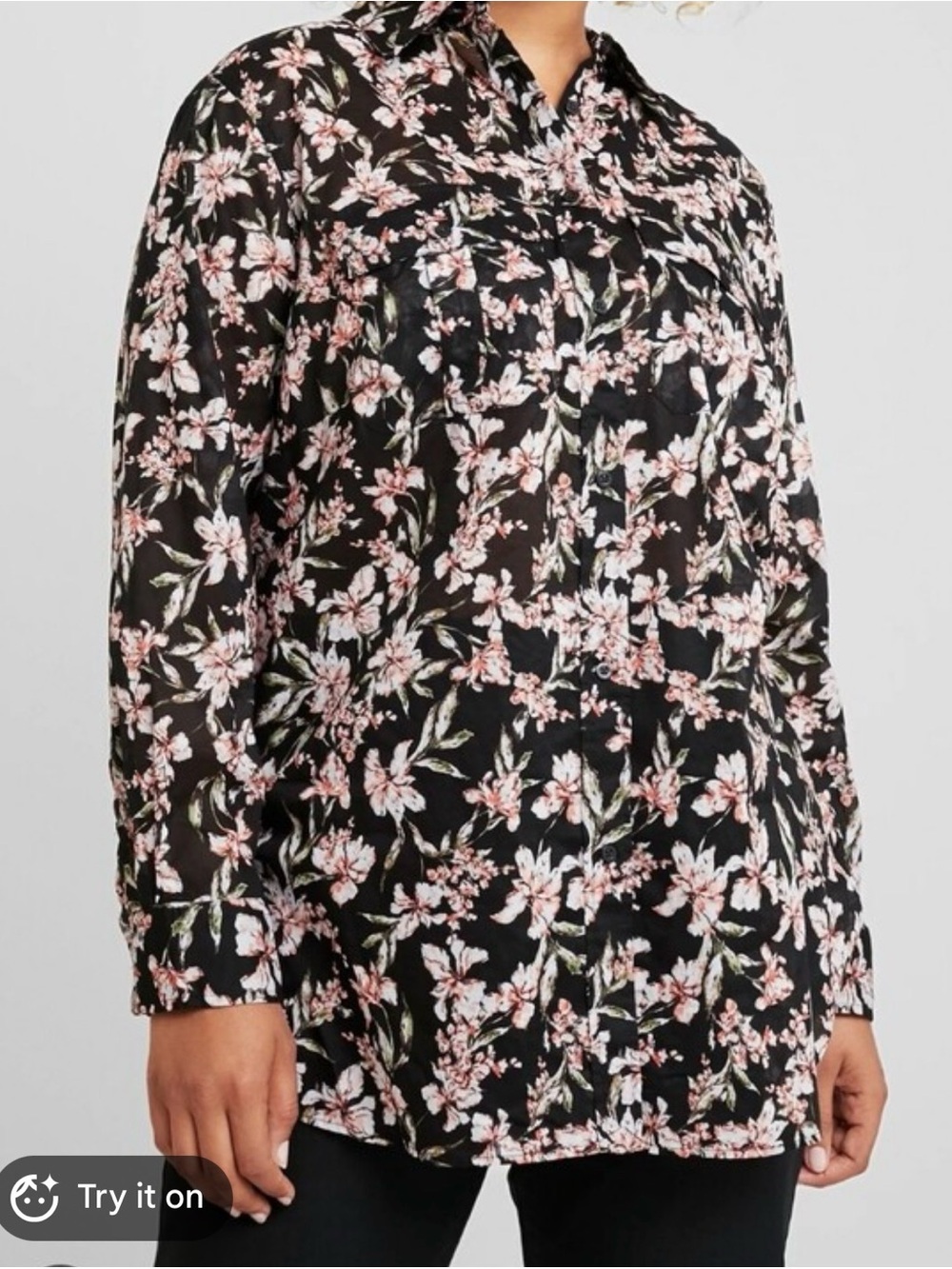 Lauren Ralph Lauren Black Floral Button-Down Blouse with Pink Flowers l